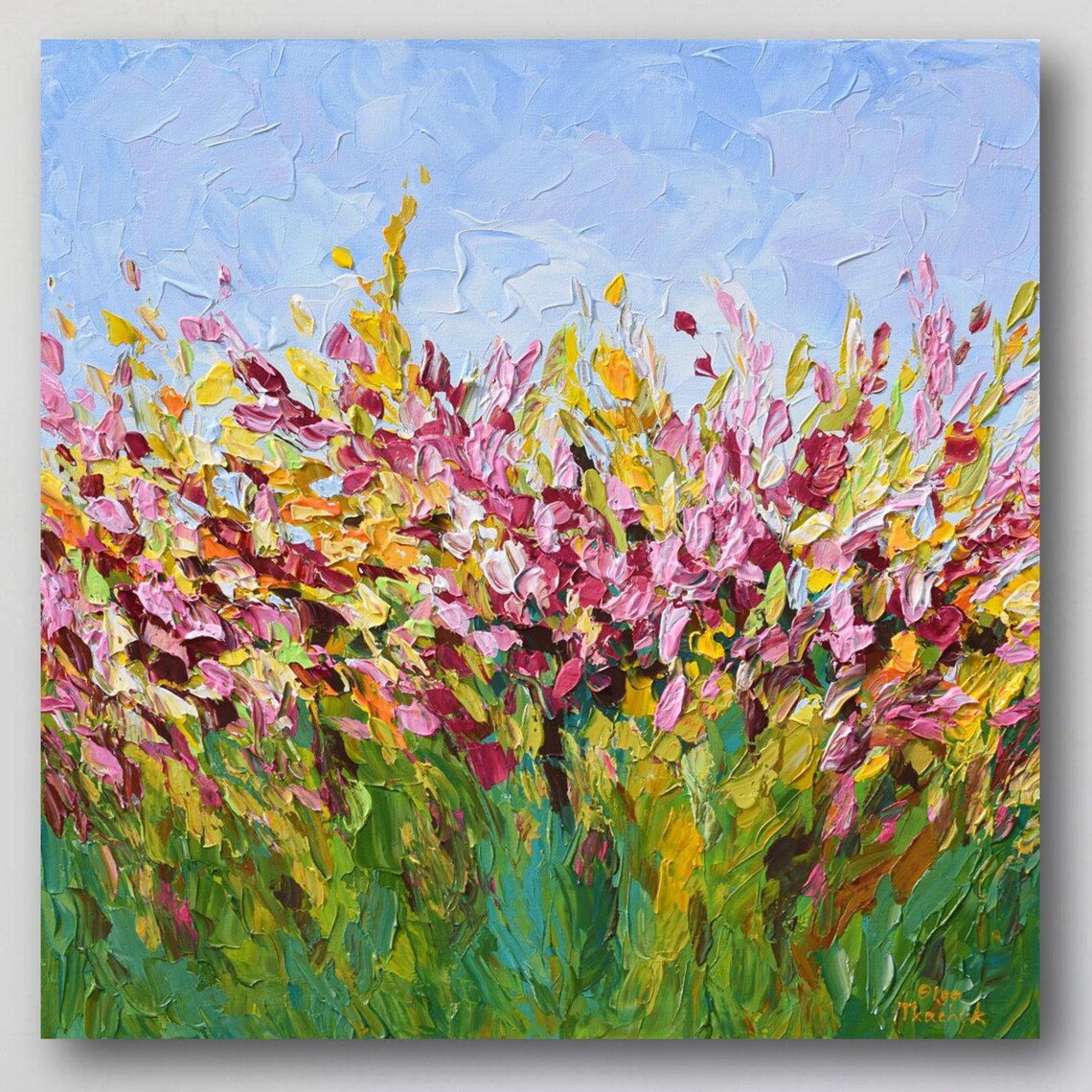 Abstract Flower Field Painting Yellow Pink Palette Knife Floral Poster - Image 3