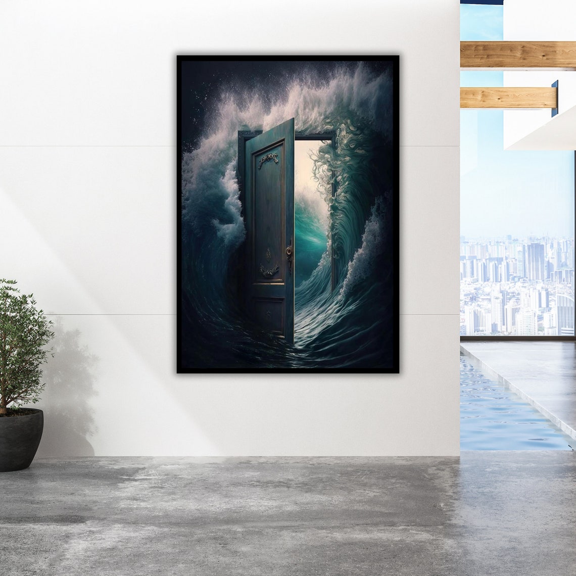 Mystery Door Giant Ocean Wave Surreal Teal Water Dreamscape Poster - Image 3