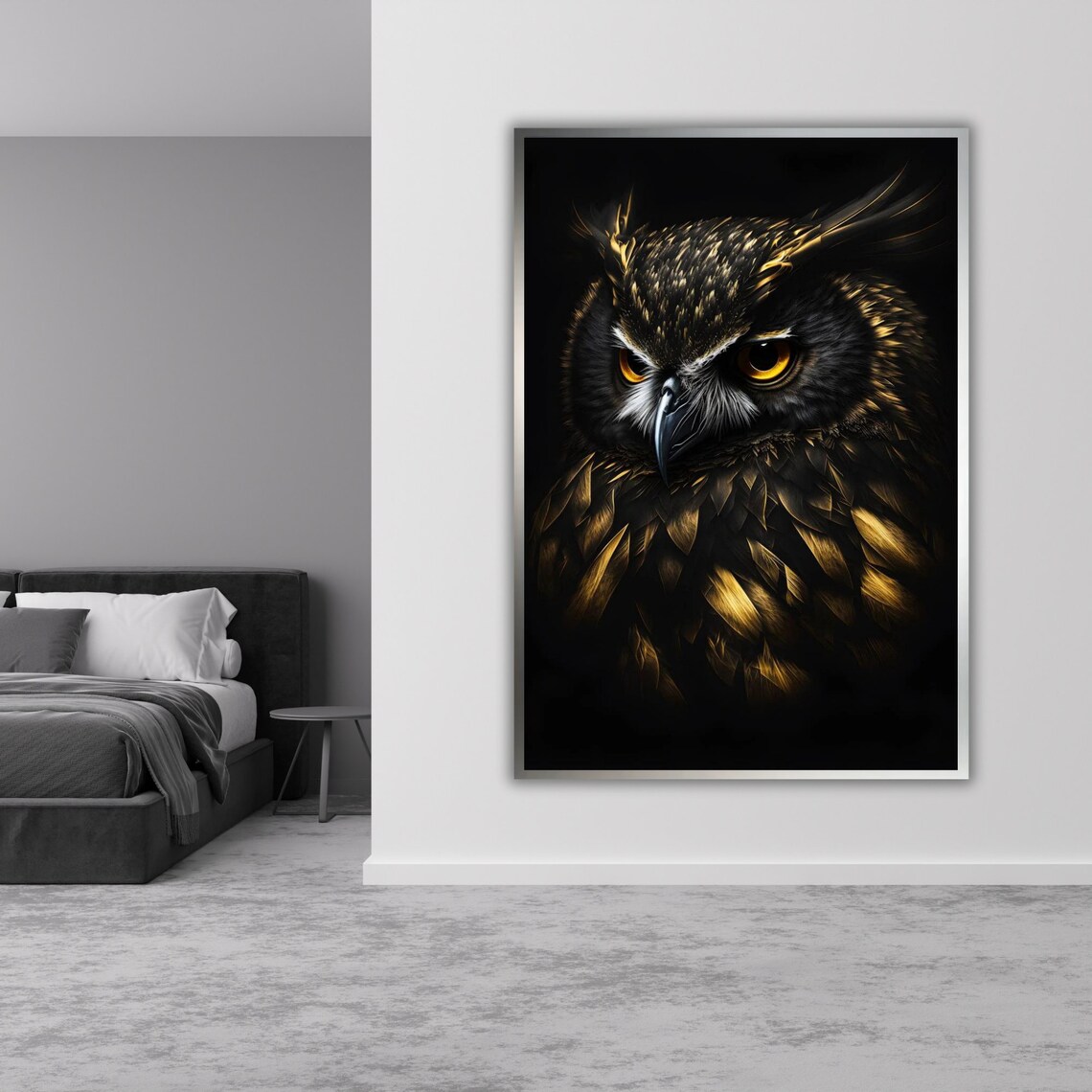 Dark Owl Portrait Golden Eyes On Black Background Wildlife Art Poster - Image 3