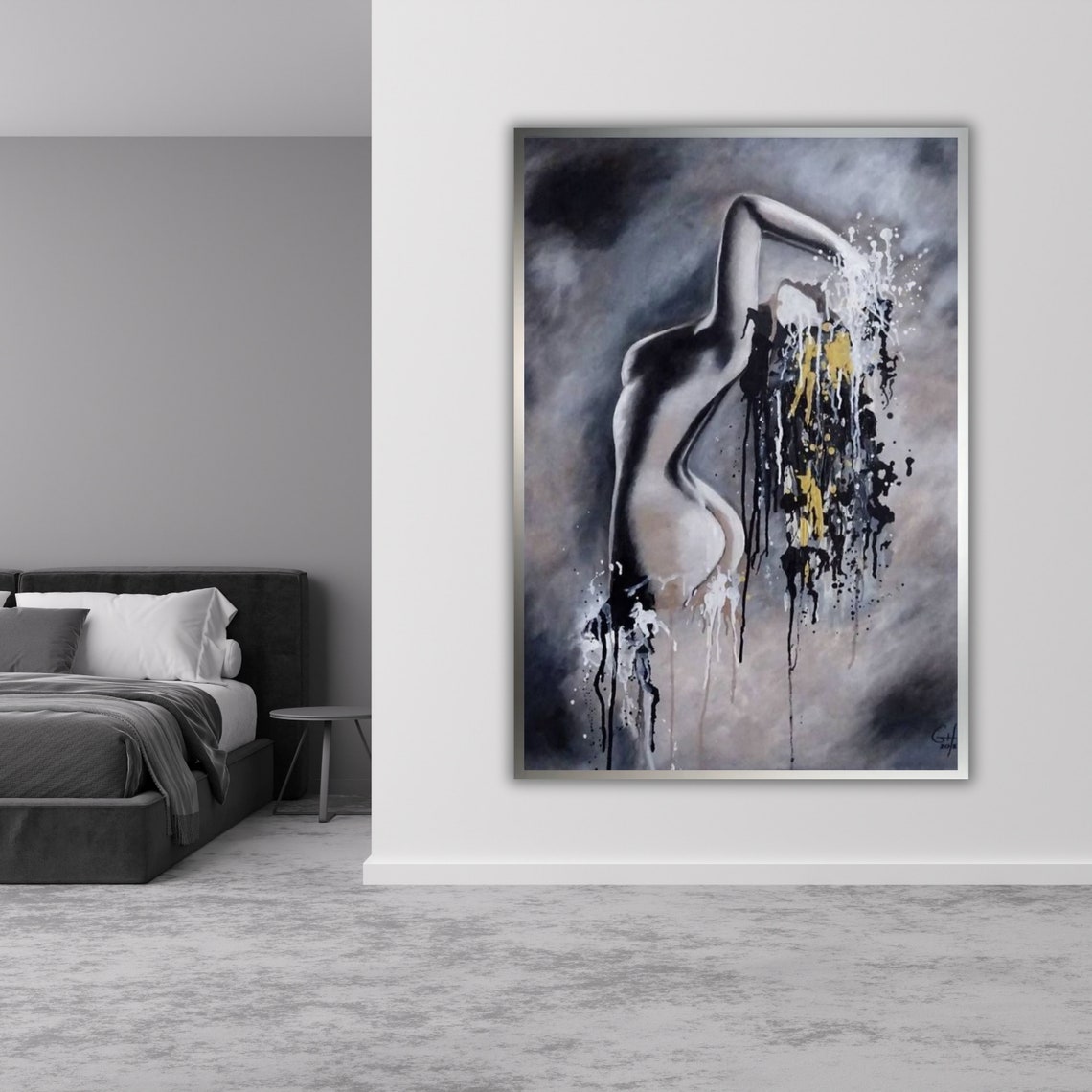 Monochrome Female Torso Gold Black Paint Drip Abstract Art Poster - Image 3