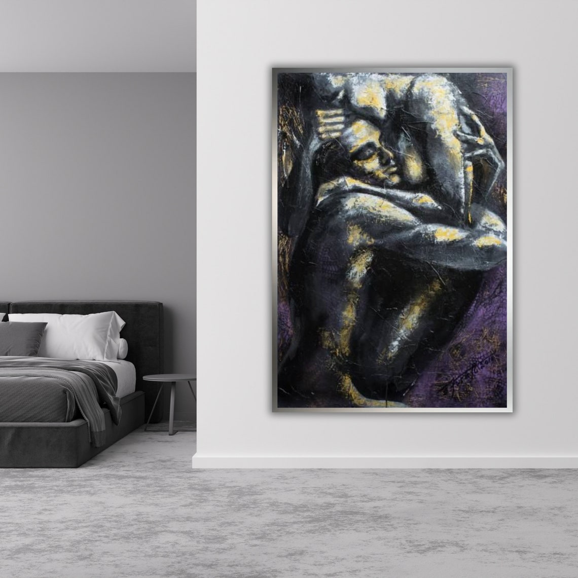 Romantic Couple Embrace Dark Oil Painting Purple Gold Dramatic Poster - Image 3