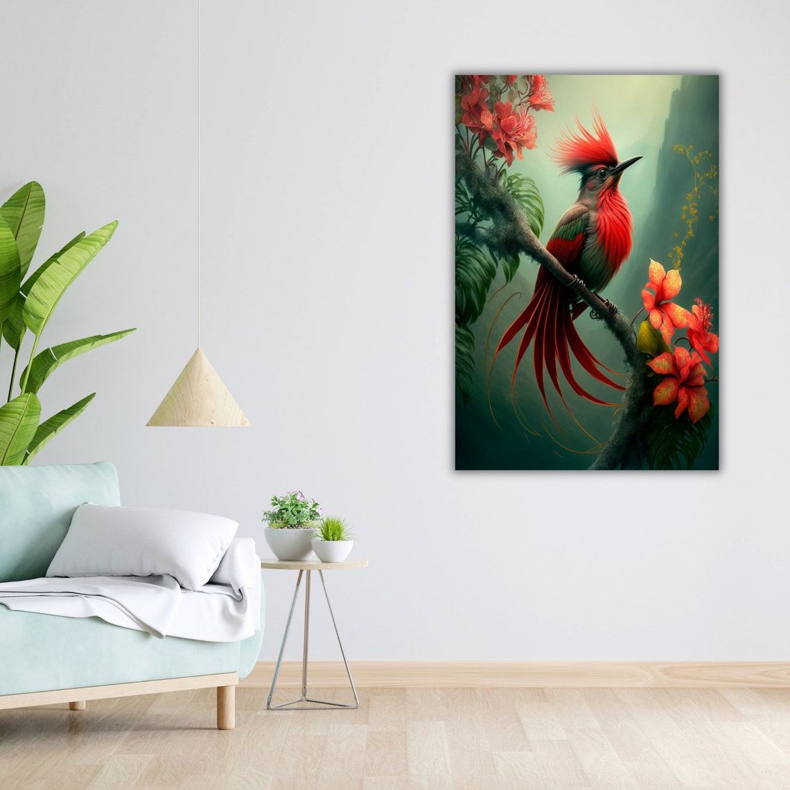 Crimson Plumed Tropical Bird Perched Among Flowers Jungle Art Poster - Image 4