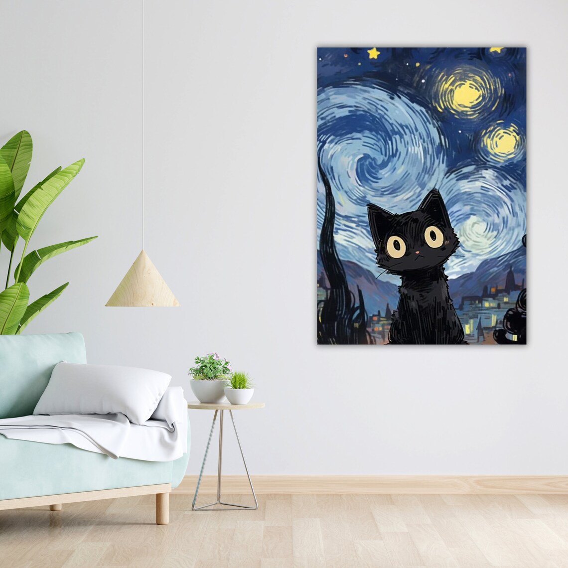 Black Cat Starry Night Van Gogh Inspired Swirling Sky Whimsical Kitty Poster - Image 4