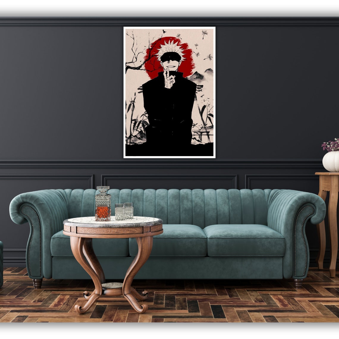 Gojo Satoru Blindfolded Red Sun Japanese Ink Anime Style Poster - Image 2