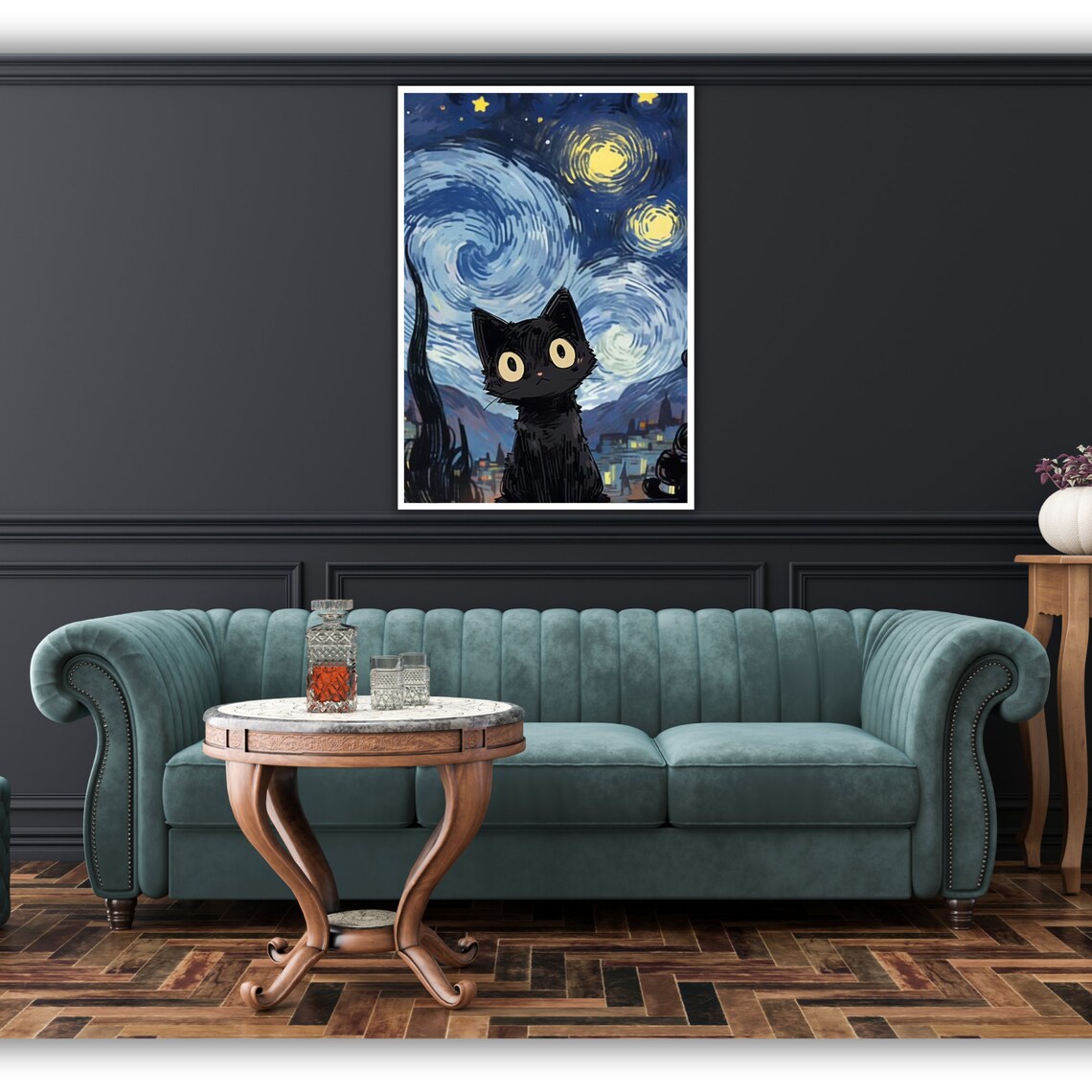 Black Cat Starry Night Van Gogh Inspired Swirling Sky Whimsical Kitty Poster - Image 5