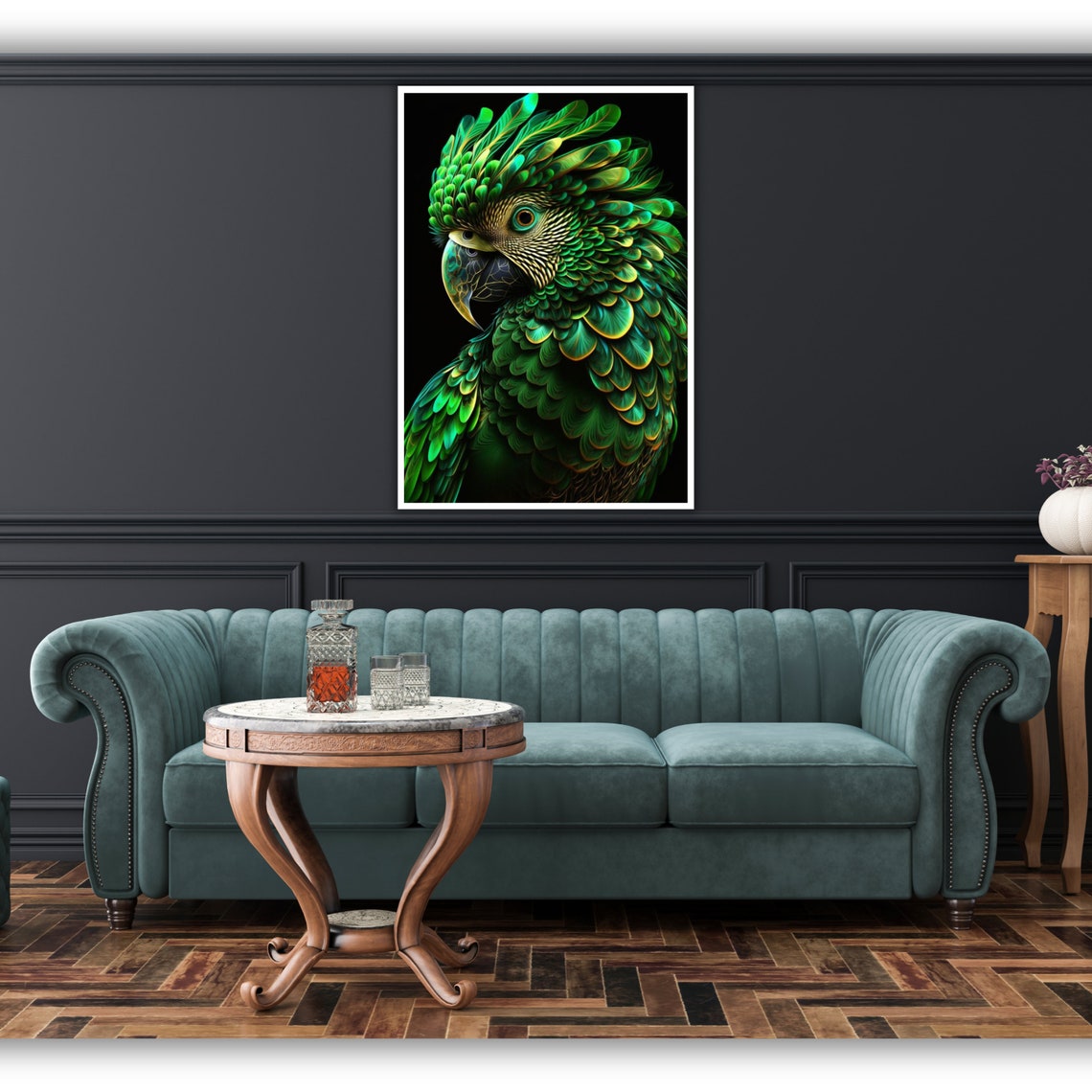 Vibrant Green Parrot Portrait Black Background Feather Art Poster - Image 2