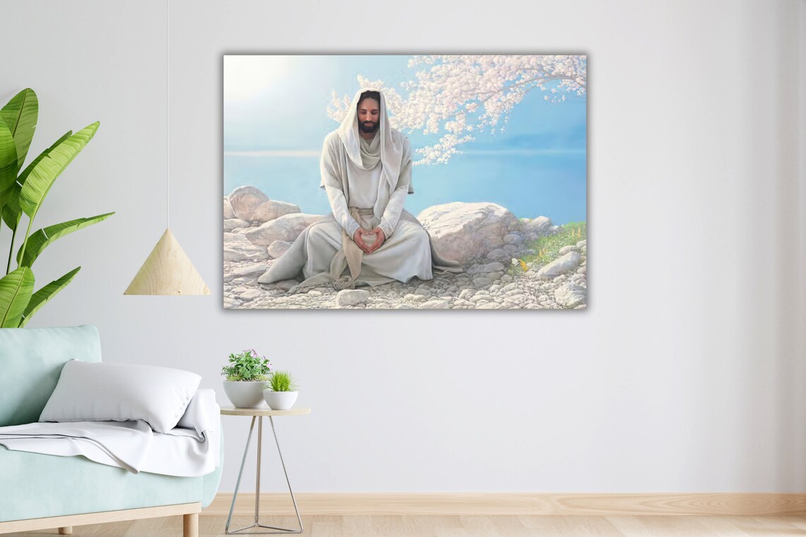 Jesus Sitting On Rocky Shore Hands In Heart Shape Peaceful Christian Poster