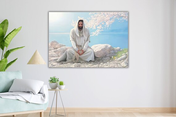 Jesus Sitting On Rocky Shore Hands In Heart Shape Peaceful Christian Poster