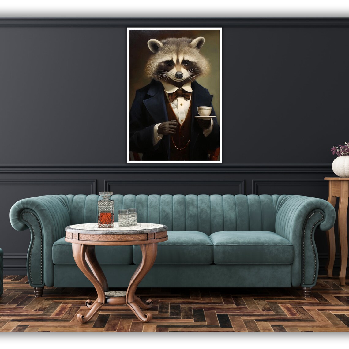 Gentleman Raccoon Portrait Holding Teacup Suit Animal Humor Poster - Image 3