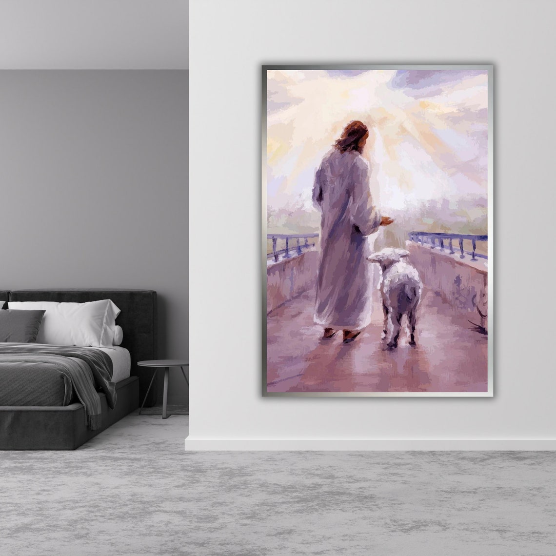 Jesus Walking With Lamb Soft Lavender Watercolor Peaceful Art Poster - Image 4