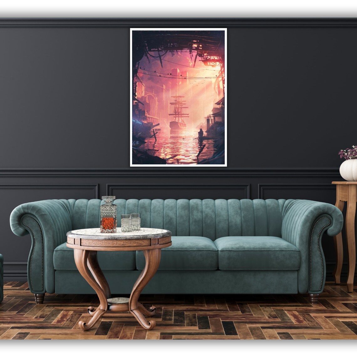 Ship In Sea Art Nautical Wall Decor Ready To Hang Coastal Painting Framed Ocean Print - Image 3