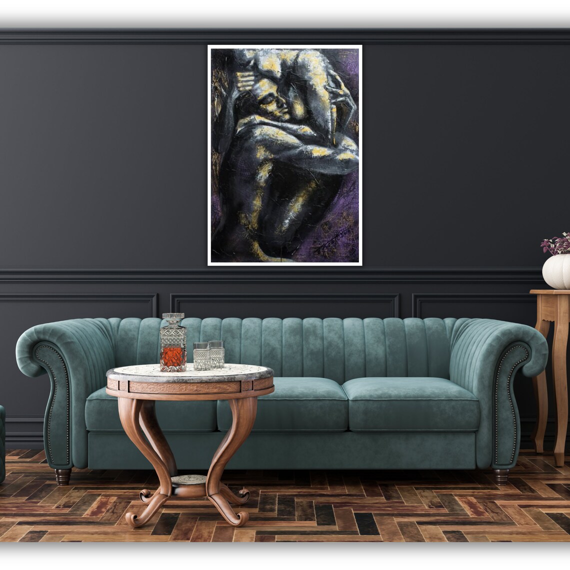 Romantic Couple Embrace Dark Oil Painting Purple Gold Dramatic Poster - Image 5