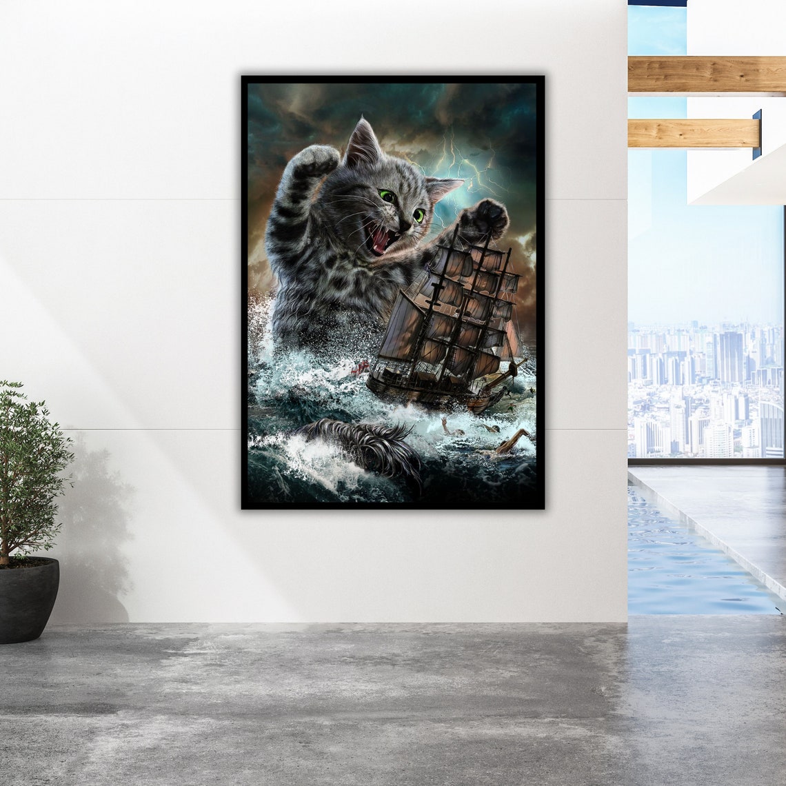 Giant Kitten Attacking Tall Ship Stormy Sea Funny Whimsical Cat Poster - Image 2