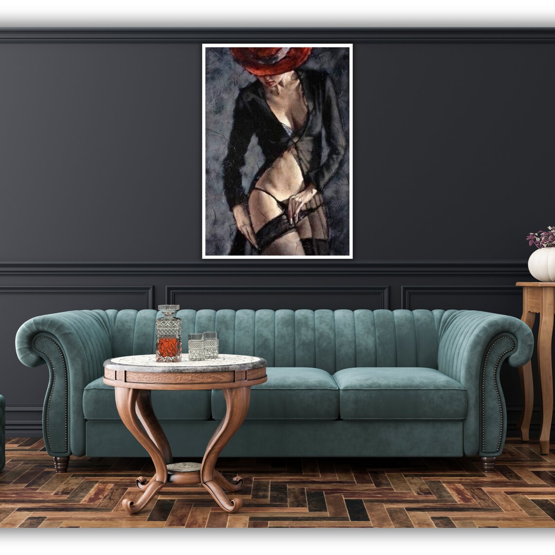 Elegant Woman in Black Dress Adjusting Stocking Boudoir Art Poster - Image 5