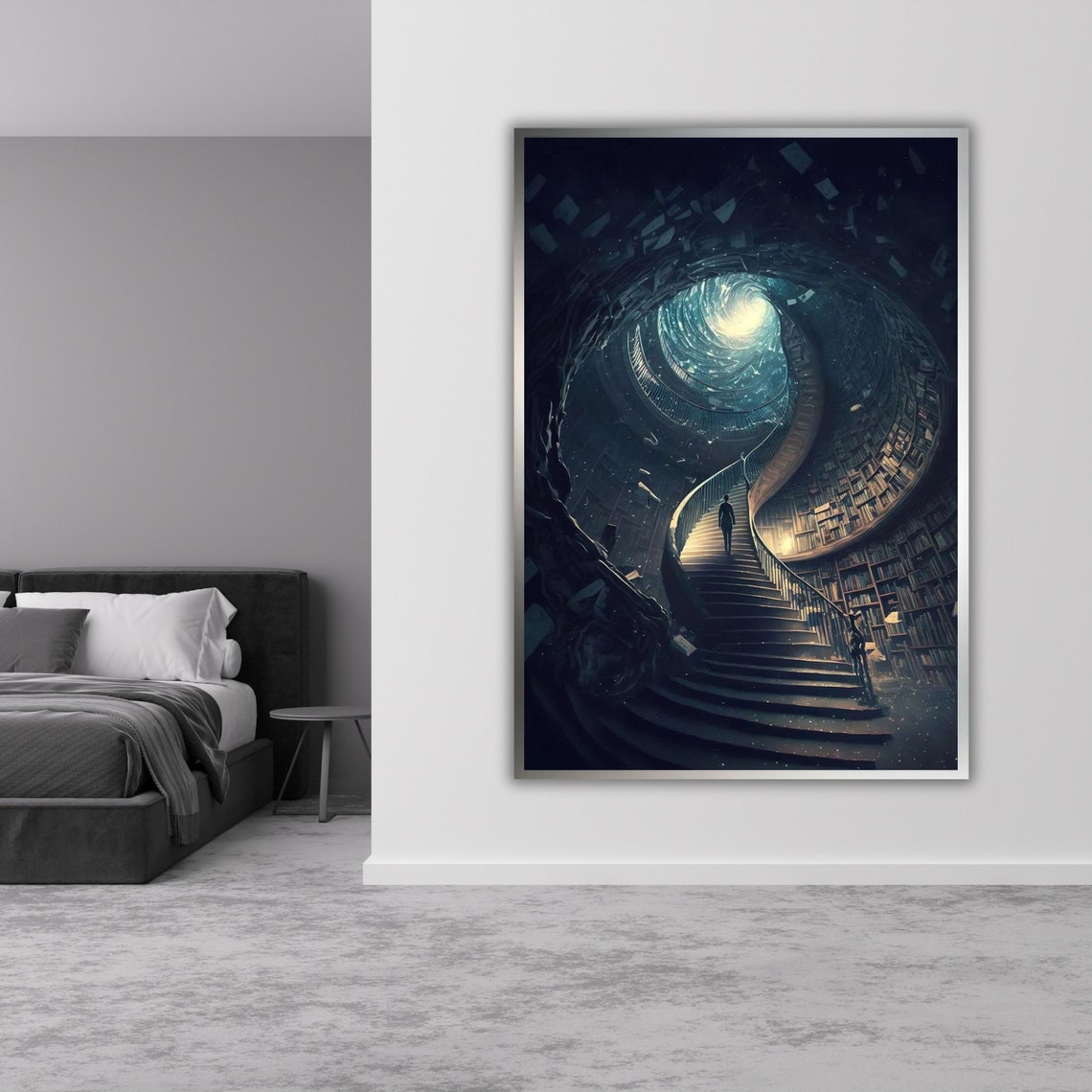 Endless Spiral Library Staircase Towering Bookshelves Fantasy Poster - Image 5
