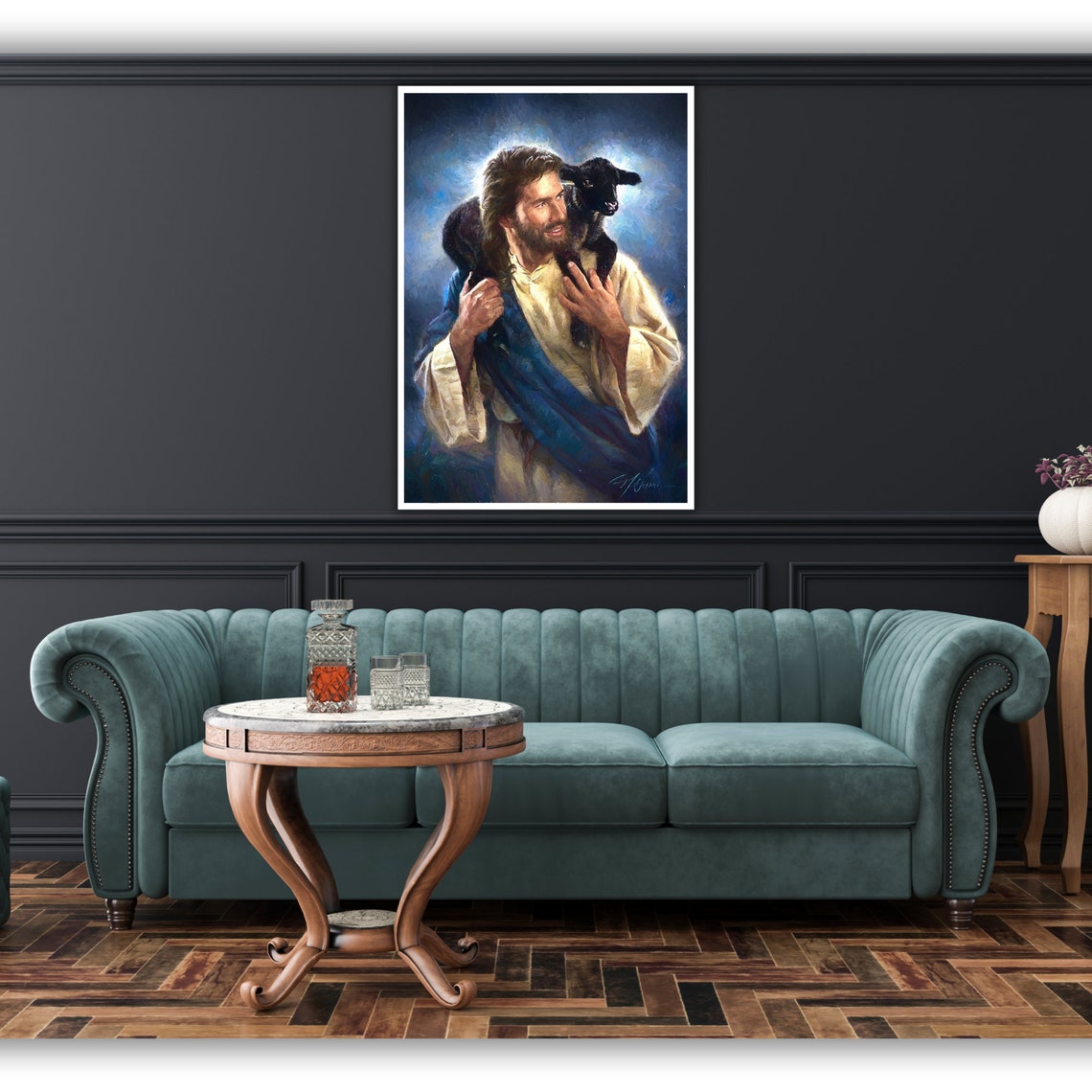 Jesus Carrying Black Lamb Shoulders Good Shepherd Oil Art Poster - Image 3