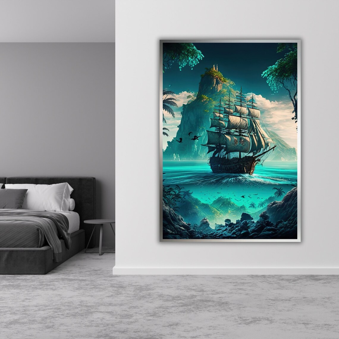 Ship In Sea Art Print Nautical Wall Decor Ready To Hang Ocean Painting Framed Coastal Art - Image 3