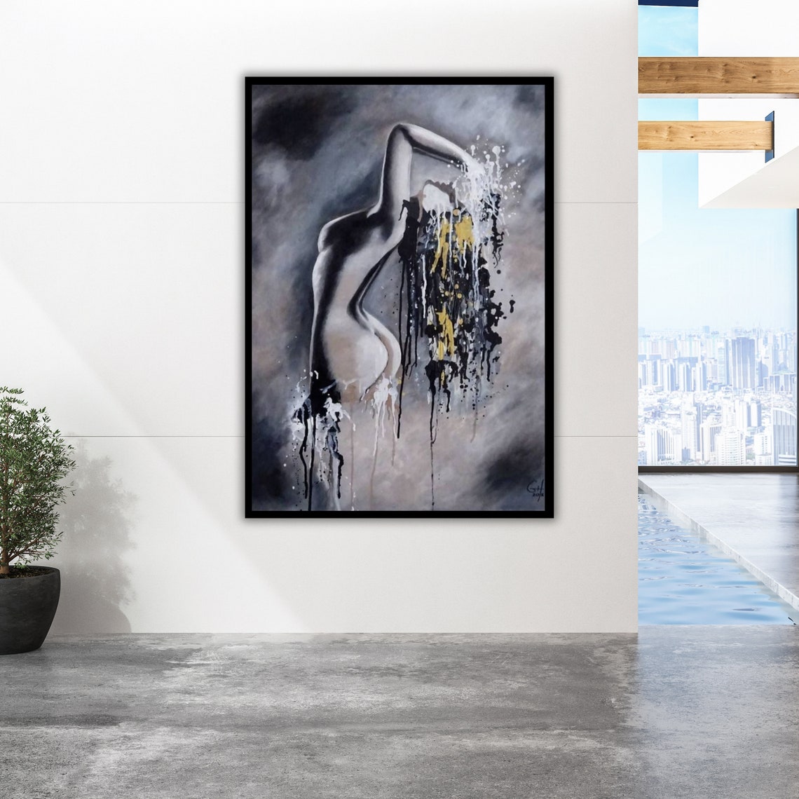 Monochrome Female Torso Gold Black Paint Drip Abstract Art Poster - Image 2