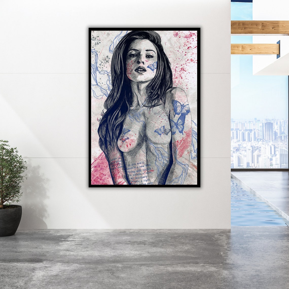 Nude Woman Figure Sketch Art With Butterflies Pencil Drawing Print - Image 5
