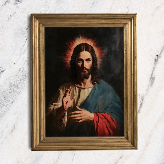 Jesus Christ Portrait Halo Oil Painting Moody Christian Wall Art Print