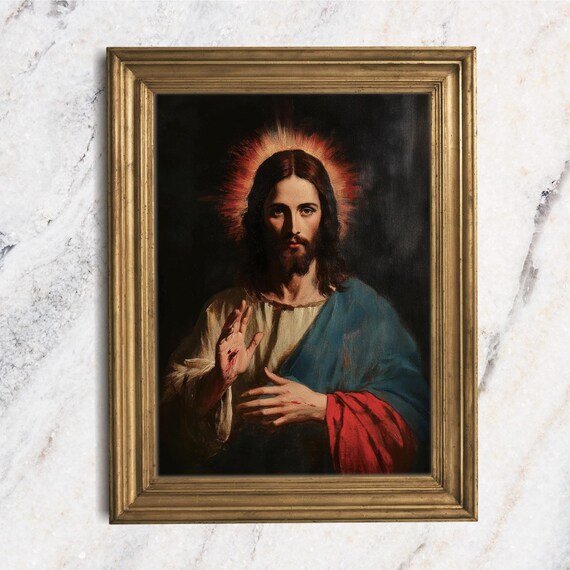 Jesus Christ Vintage Oil Painting Art Print Yeshua Moody Portrait Painting Christian Decor Religious Wall Art Angel Catholic Unframed