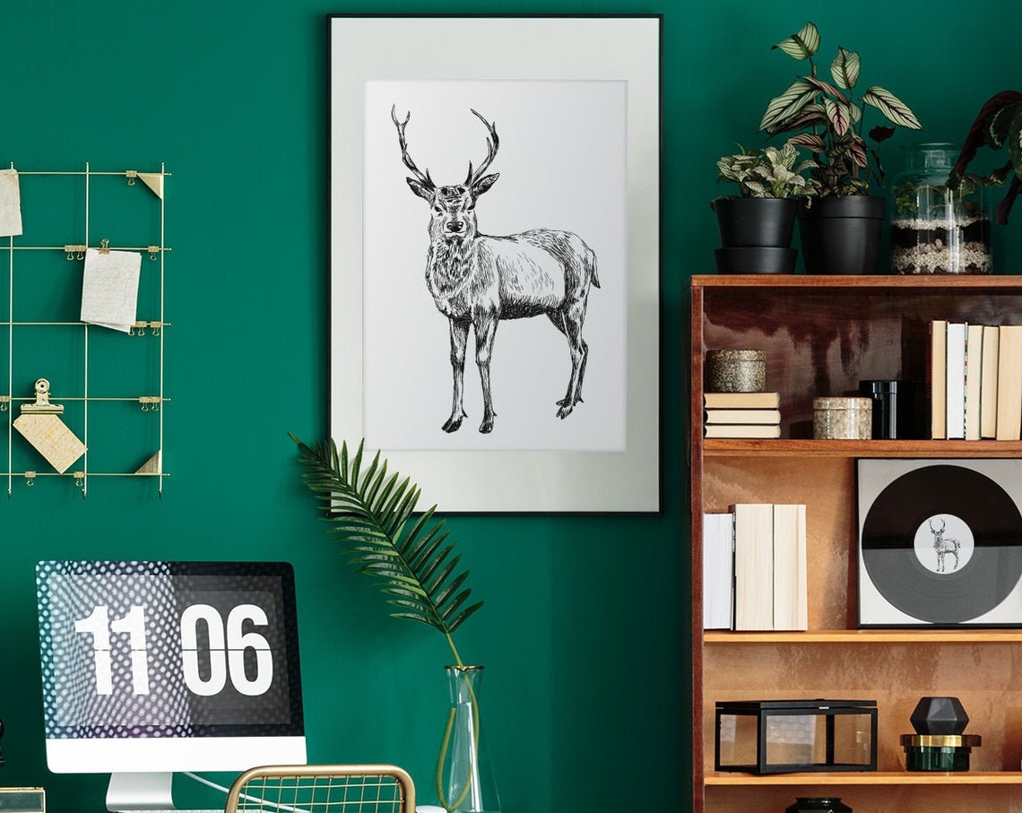 Black And White Stag Deer Ink Sketch Wildlife Minimalist Poster
