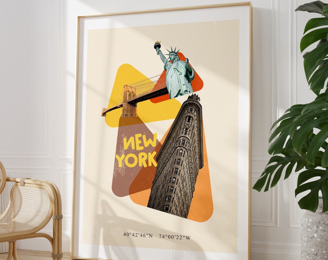 New York Flatiron Building Statue of Liberty Landmark Collage Poster - Image 3
