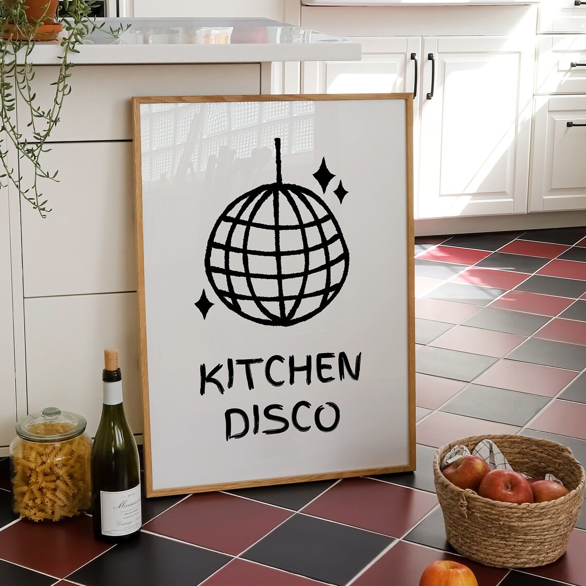 Kitchen Disco Minimalist Disco Ball Line Art Party Kitchen Poster