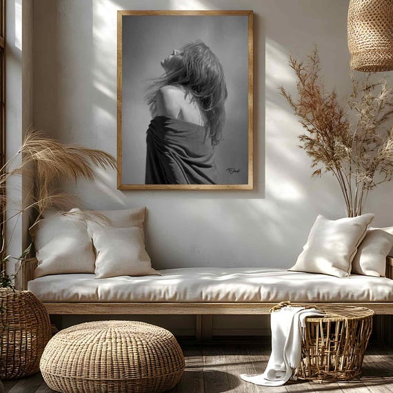 Grayscale Emotional Portrait Of Woman With Draped Shawl And Ethereal Expression Black White Artwork For Modern Spaces
