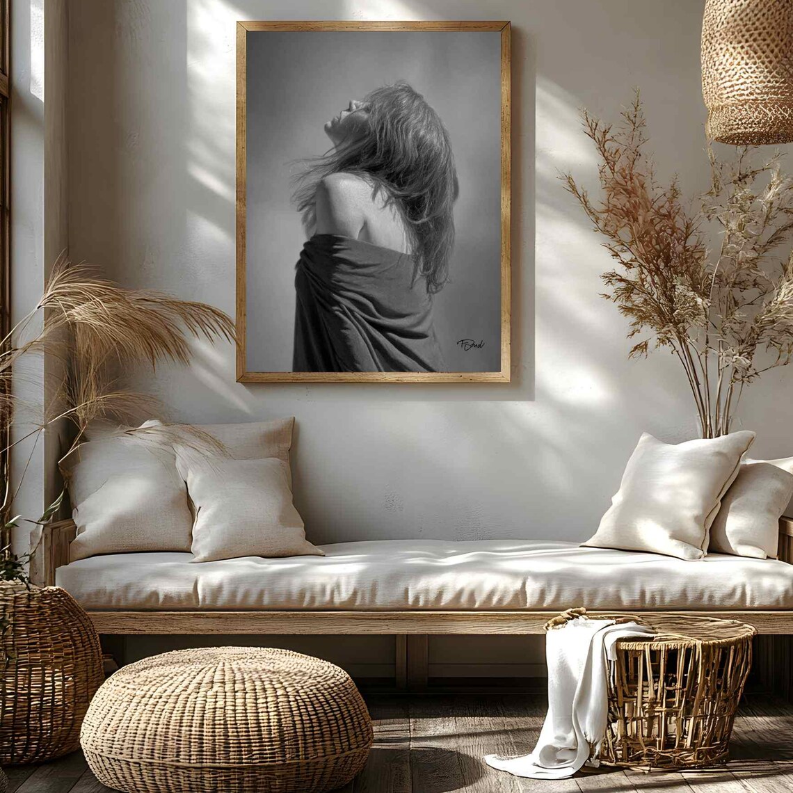 Grayscale Emotional Woman Portrait Draped Shawl Moody Fine Art Photo Poster