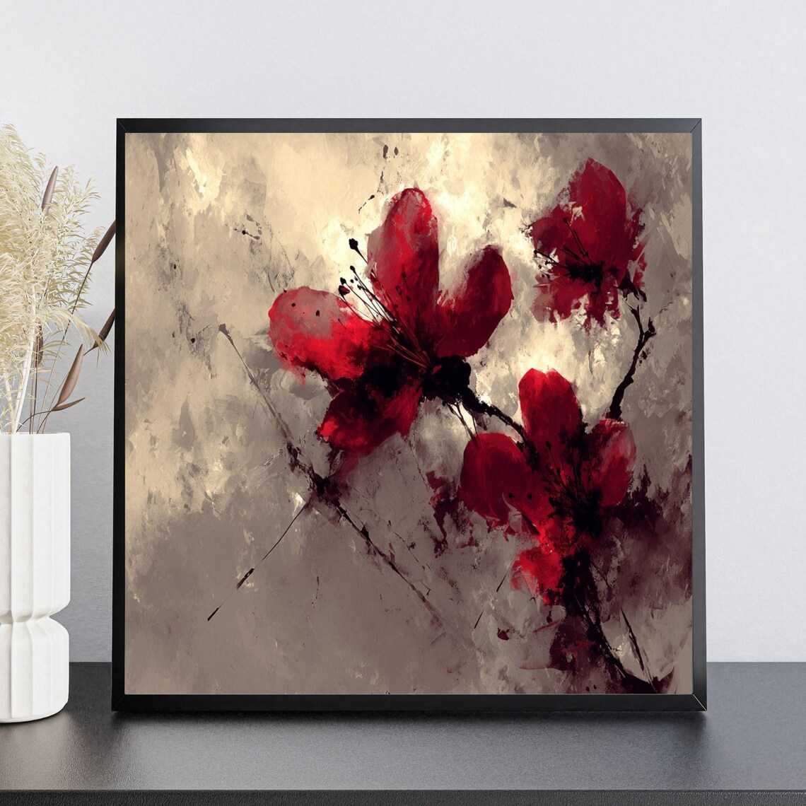 Japanese Ink Wash Red Flowers Abstract Floral Botanical Zen Art Poster