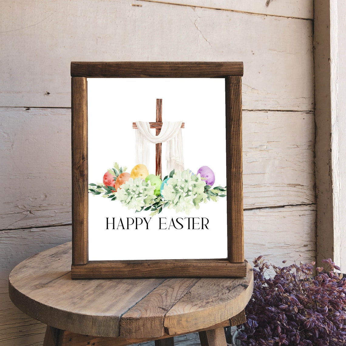 Happy Easter Cross With White Drape Hydrangea Watercolor Poster - Image 9