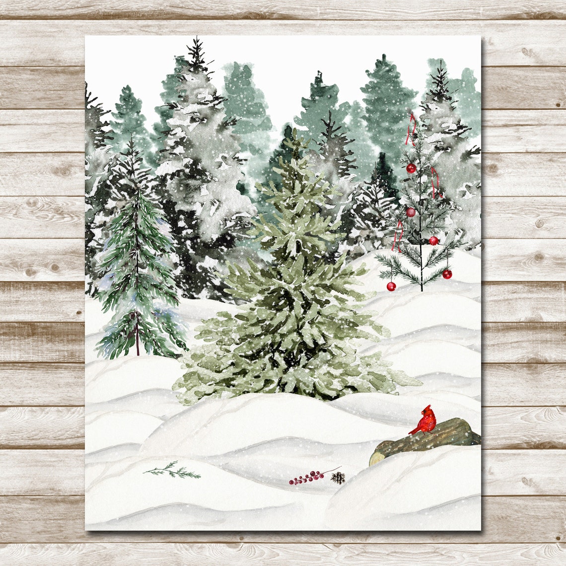 Snowy Pine Forest Watercolor Winter Wonderland Christmas Wall Art - Image 4