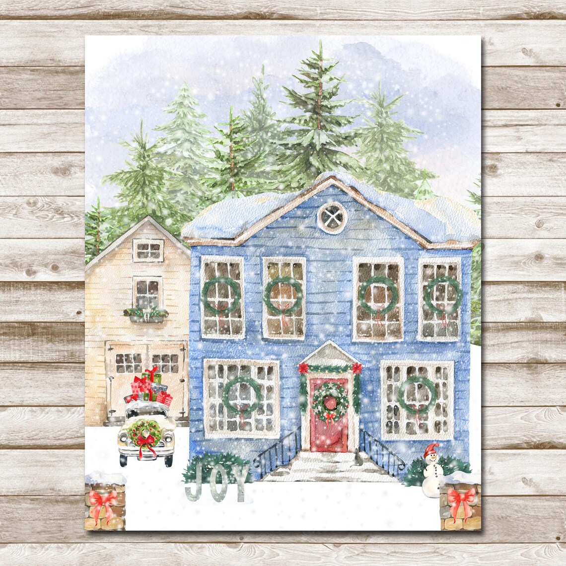 Blue Christmas House With Wreaths Snowy Village Holiday Wall Art - Image 4