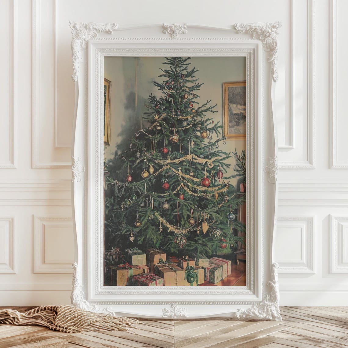 Vintage Decorated Christmas Tree With Gifts In Parlor Poster