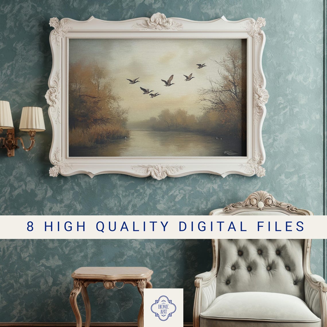 Bird Flock Misty River Vintage Muted Autumn Landscape Wall Art - Image 3