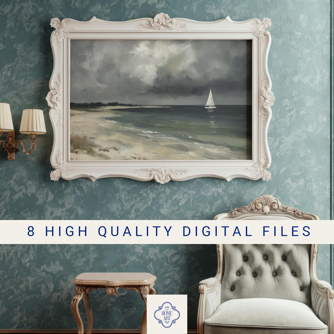 Stormy Beach with Sailboat Under Dark Clouds Moody Seascape Print - Image 3