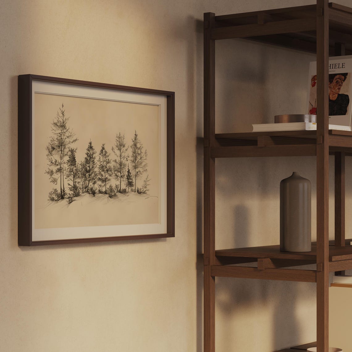 Pine Tree Line Sepia Sketch Minimalist Forest Pencil Drawing Poster - Image 2