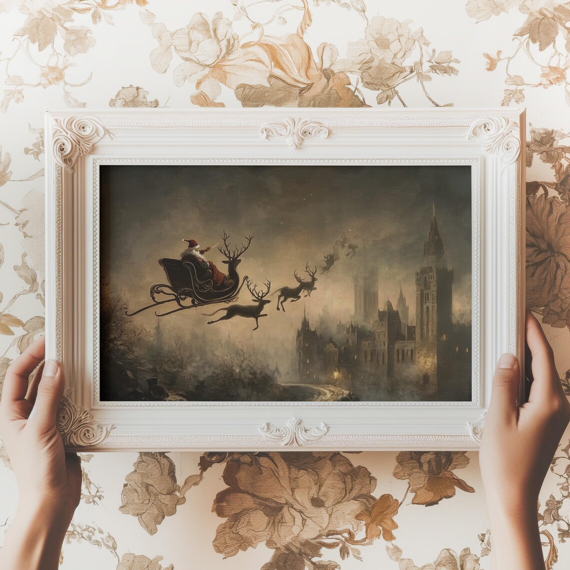 Santa Claus Sleigh With Reindeer Over Old City Vintage Night Poster