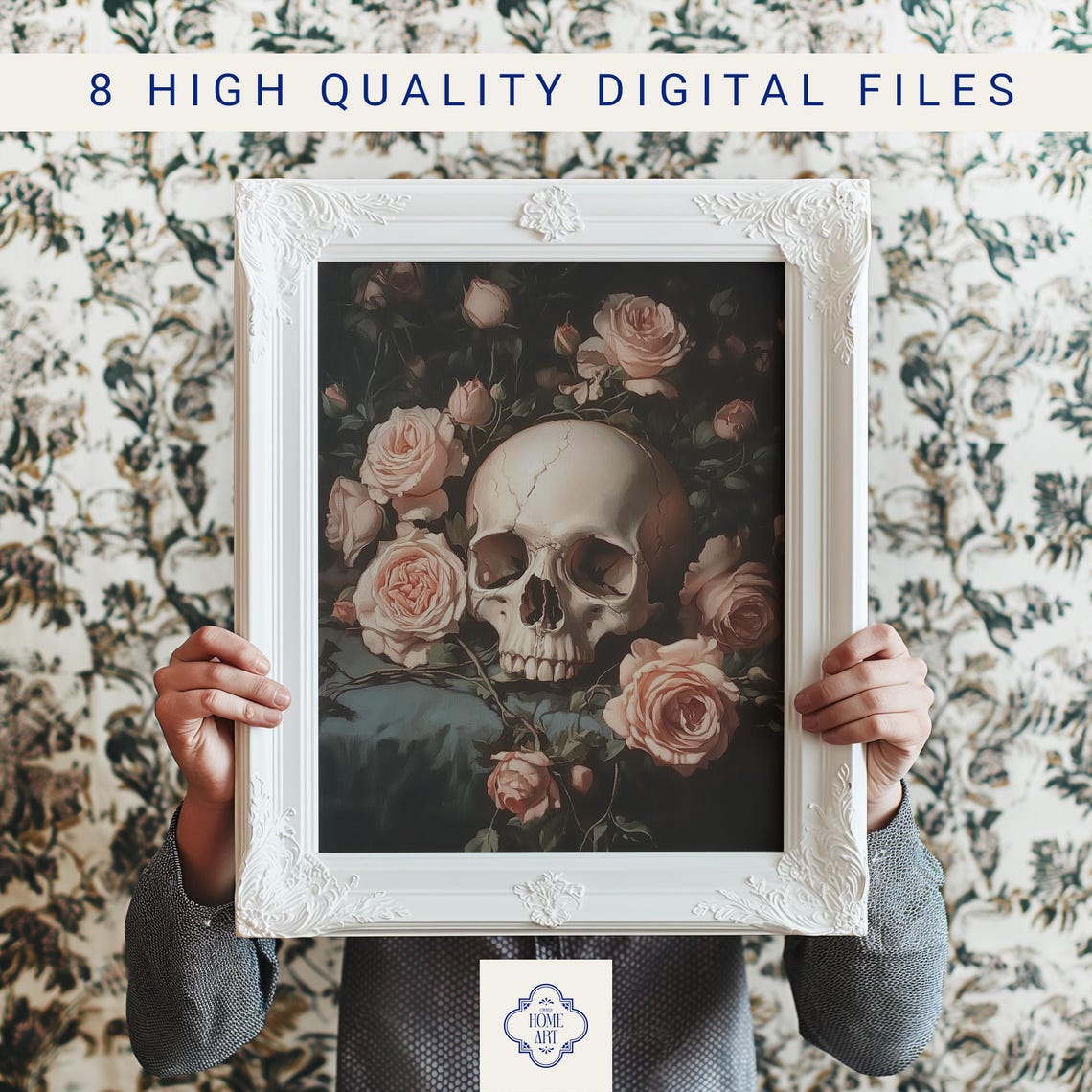 Skull With Blush Roses Dark Moody Floral Halloween Art Poster - Image 3