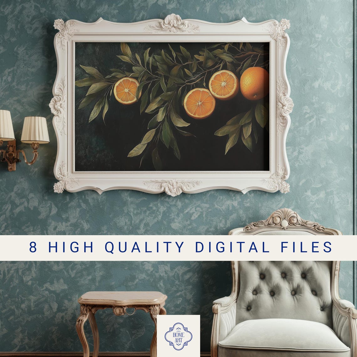 Orange Branch With Sliced Fruit Moody Dark Still Life Painting Poster - Image 3