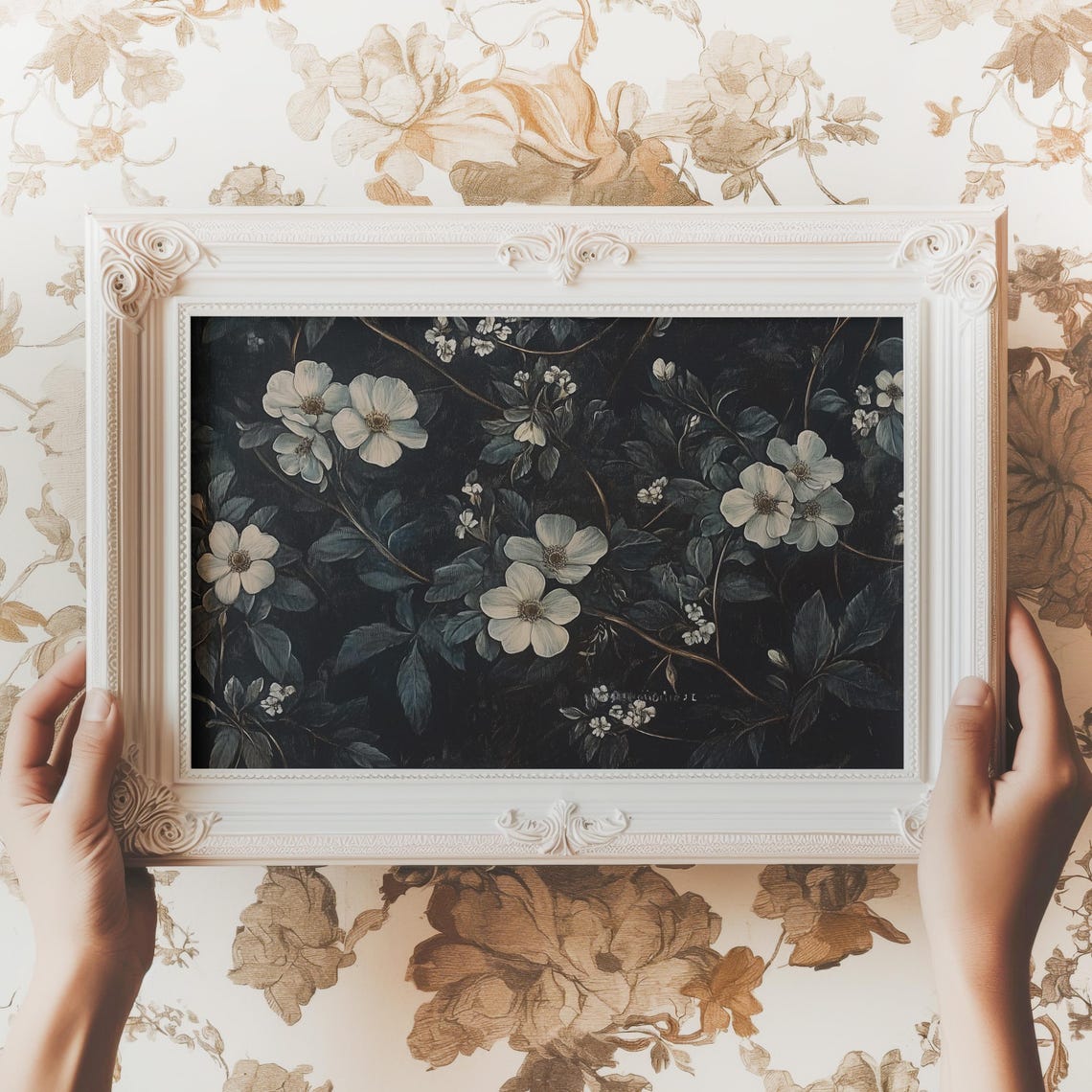 White Blossoms on Dark Branches Moody Night Floral Art Print