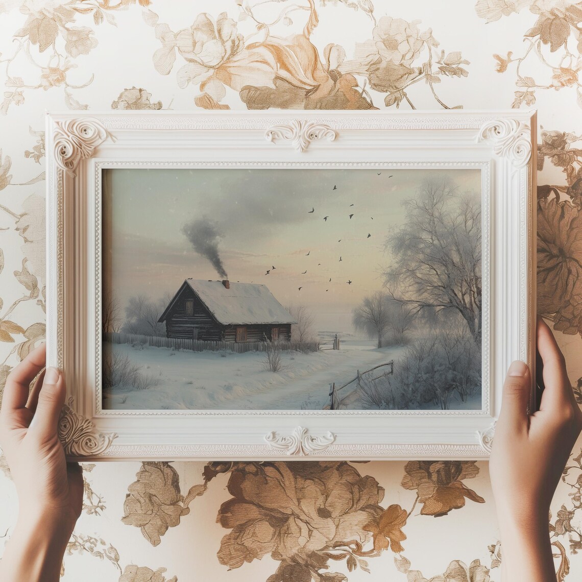 Snowy Cottage In Winter Landscape Cabin With Birds Painting Poster