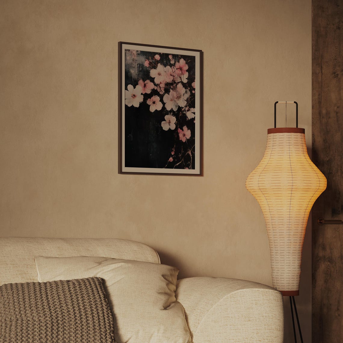 Blush Cherry Blossom Watercolor Floral Art on Black Background Poster - Image 2