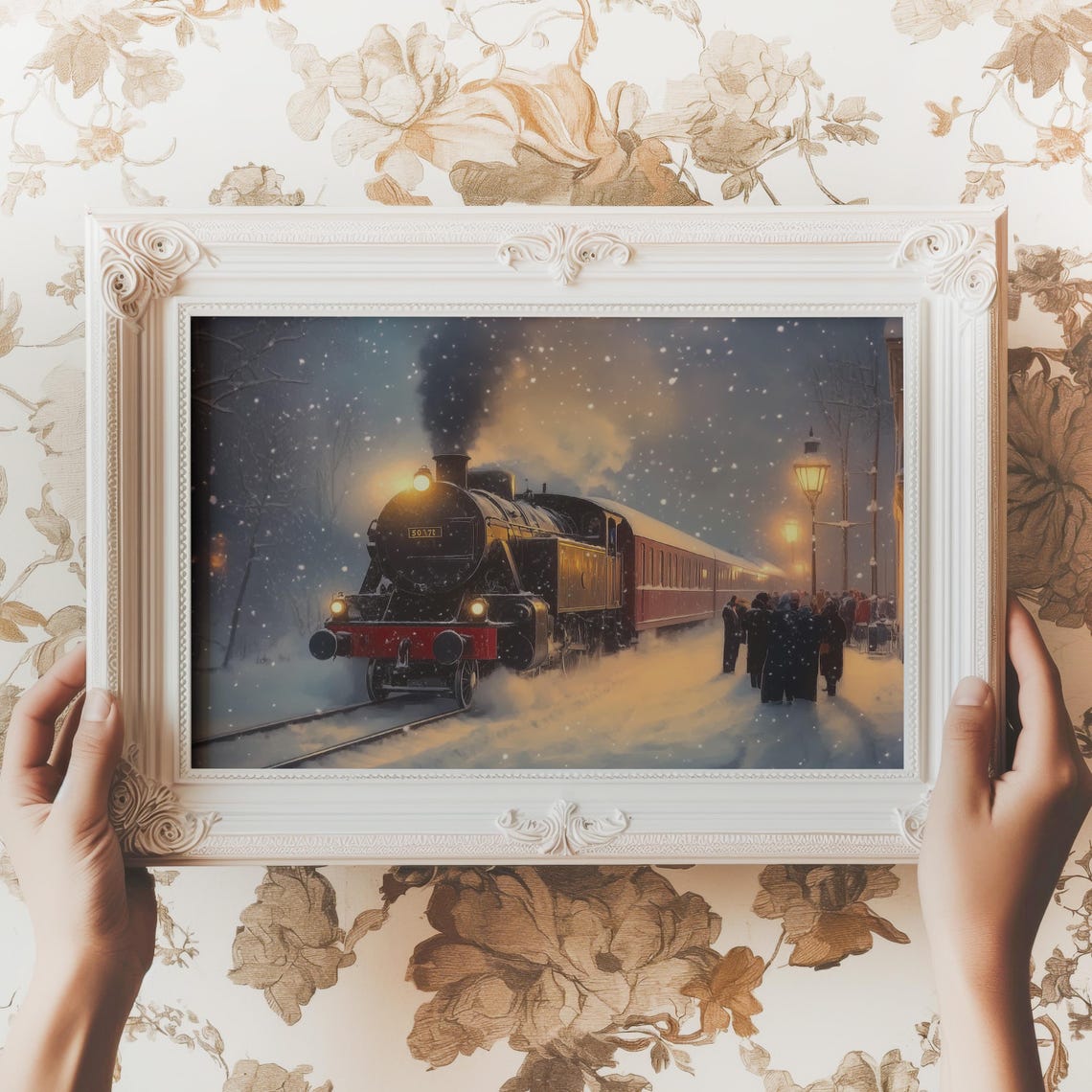 Vintage Steam Train at Snowy Night Station Glowing Lanterns Poster