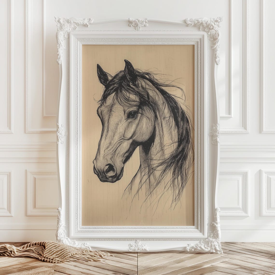 Horse Head Pencil Sketch Drawing on Beige Background Art Print