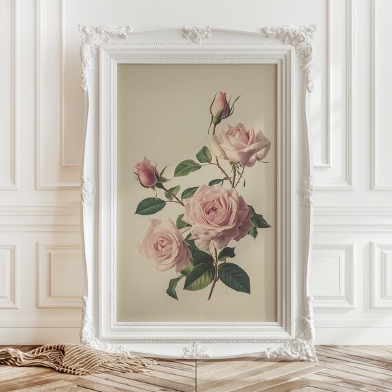 Pink Rose Vintage Botanical Illustration Antique Flower Wall Art