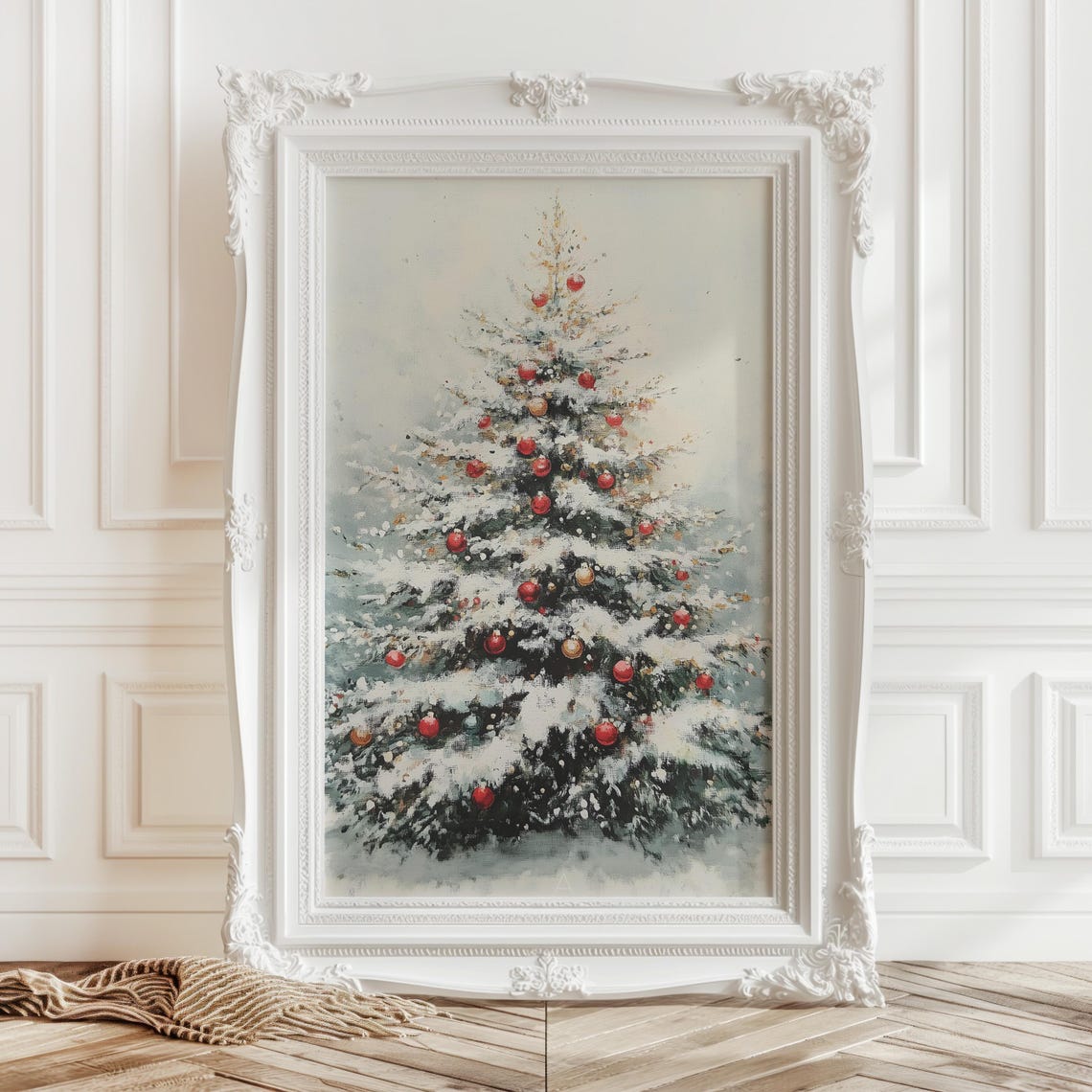 Snow Covered Christmas Tree Red Gold Ornaments Painterly Poster