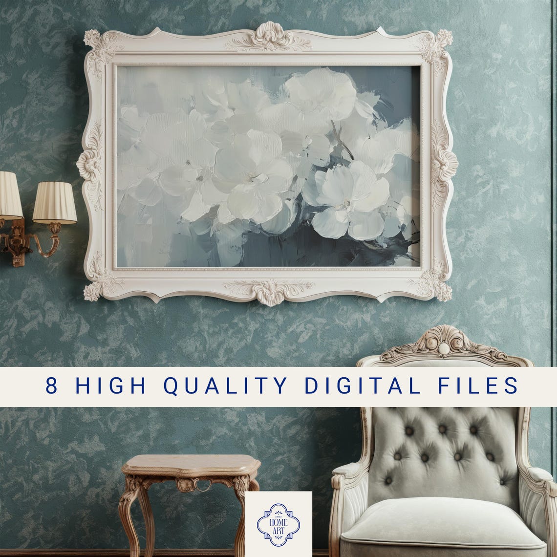 White Hydrangea Soft Blue Abstract Floral Painting Coastal Wall Art - Image 3