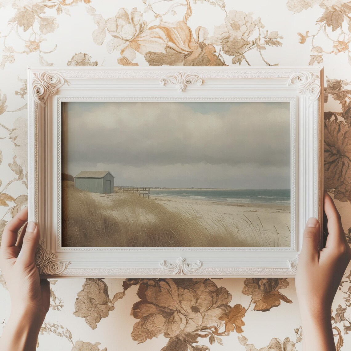 Beach Hut on Sand Dunes by the Sea Muted Coastal Painting Print
